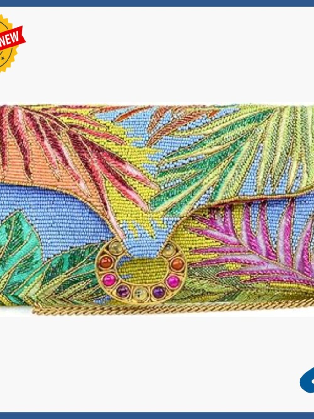Beaded Crossbody Clutch with Tropical Leaf Embroidery and Chain Strap